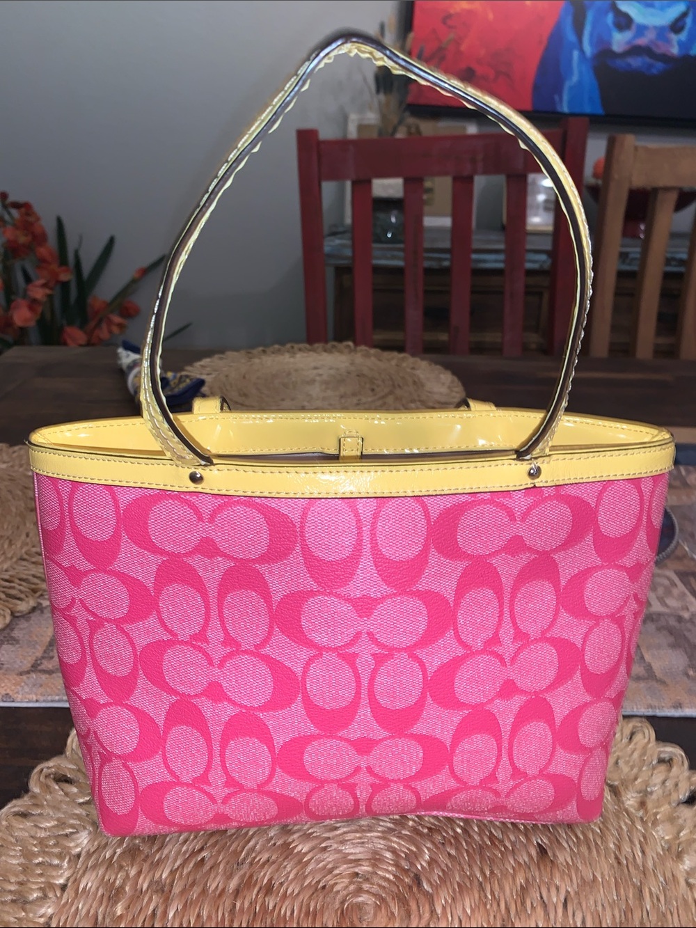 Coach Pink and Yellow Signature Stripe Mini Tote Bag Vintage 2013 - Picture 7 of 14